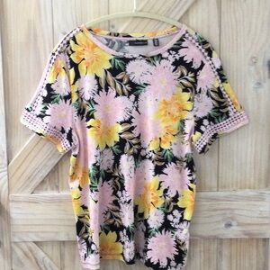 Rafaella Black Tee with Pink & Yellow Floral Print